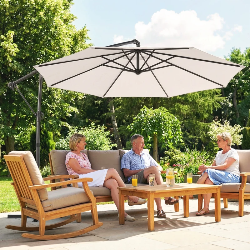 Outsunny 3 m Garden Cantilever Parasol with Cover, Round Overhanging Umbrella with 360° Rotation, Tilt, Cream White