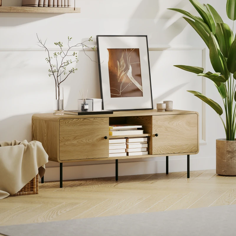 HOMCOM Comodă TV, suport TV până la 139,7 cm cu 2 uși, 2 compartimente deschise, picioare din oțel, 120x40x50cm, stejar