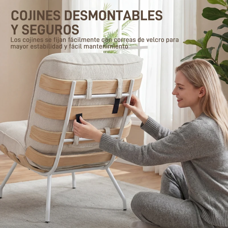 HOMCOM Butaca de Salón Tapizada en Lino con Asiento Acolchado Soporte con Listones Estructura de Acero Crema