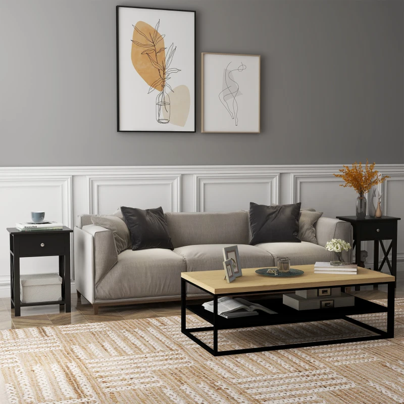 HOMCOM Lot de 2 table de chevet table d'appoint bout de canapé table de nuit avec un tiroir et étagère en bois noire