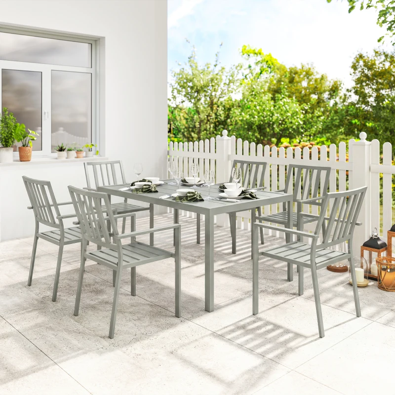 Outsunny Garden Table and Chairs for 6, 7 Pieces Garden Furniture Set with Table, 6 Stackable Chairs and Umbrella Hole Light Grey