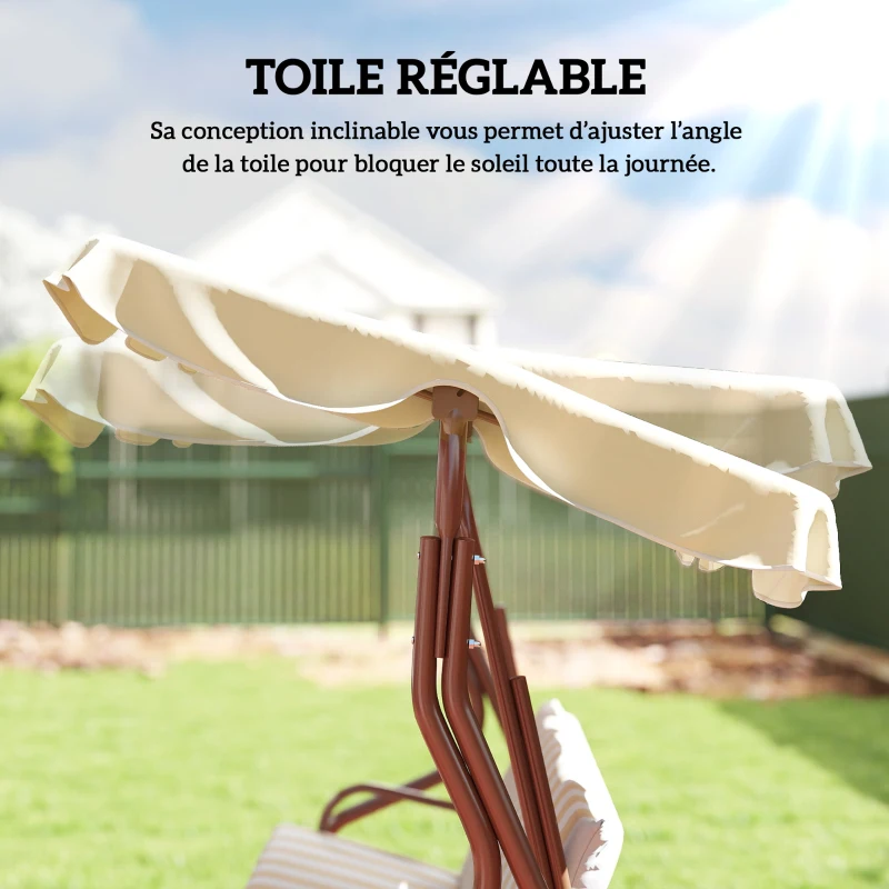Outsunny Balancelle de Jardin 3 Places Toit imperméabilisé Inclinaison réglable Coussins Assise Dossier marron, crème rayé