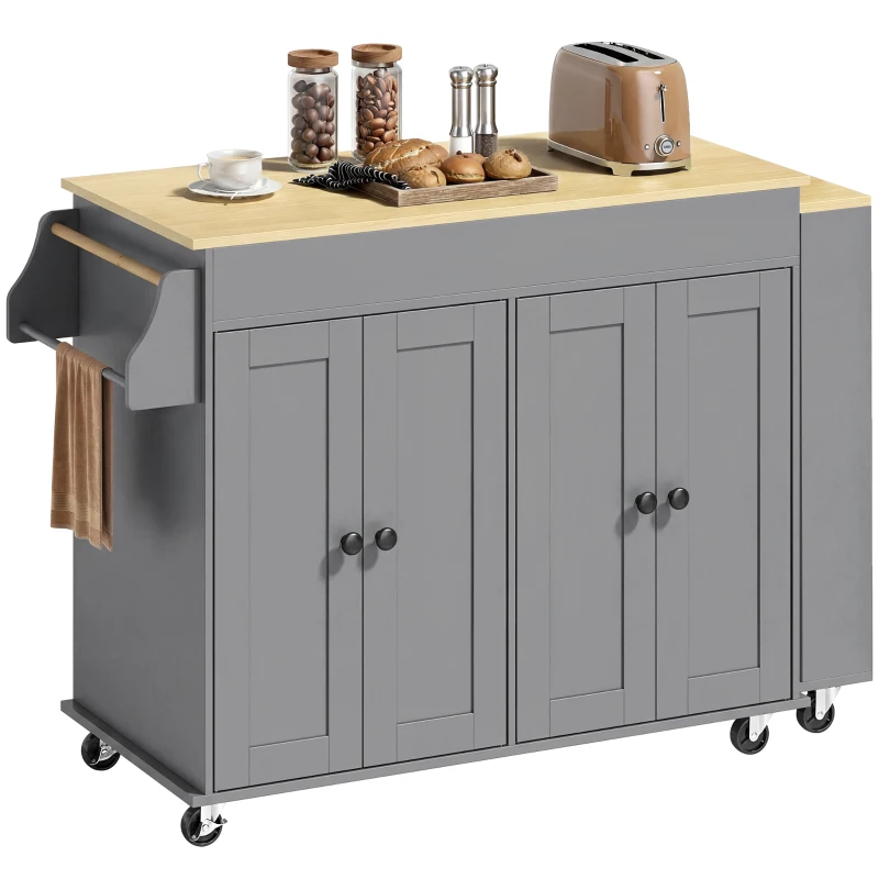 HOMCOM Isola cucina con ruote, piano estensibile, 4 ante e ripiani regolabili, Grigio
