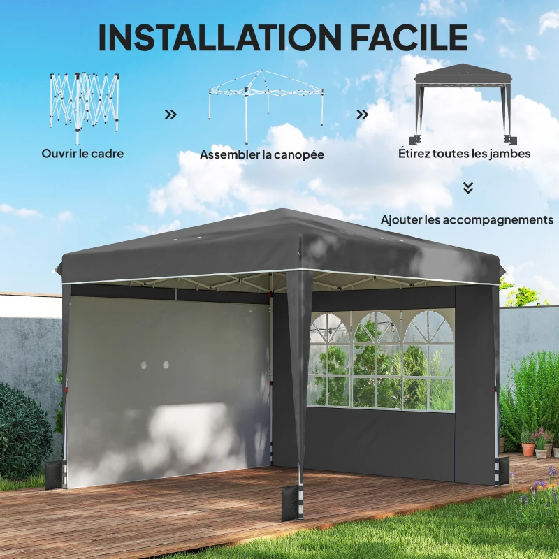 Outsunny Tonnelle de jardin exterieur 3x3m, tonnelle pliante avec parois latérales, protection UV 50+, sac de transport, gris