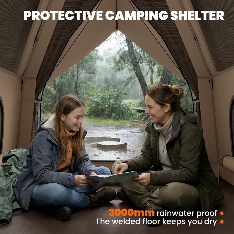 Outsunny Błyskawiczny namiot z osłoną przeciwdeszczową, wodoodporny namiot kopułowy dla 2-3 osób, z podłogą, 4 okna, 235x235x184 cm, khaki