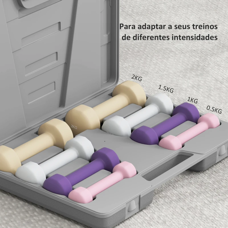 HOMCOM Conjunto de Halteres de 8 Peças 2x0,5 kg 2x1 kg 2x1,5 kg 2x2 kg Antiderrapantes com Mala de Transporte Multicoloridos