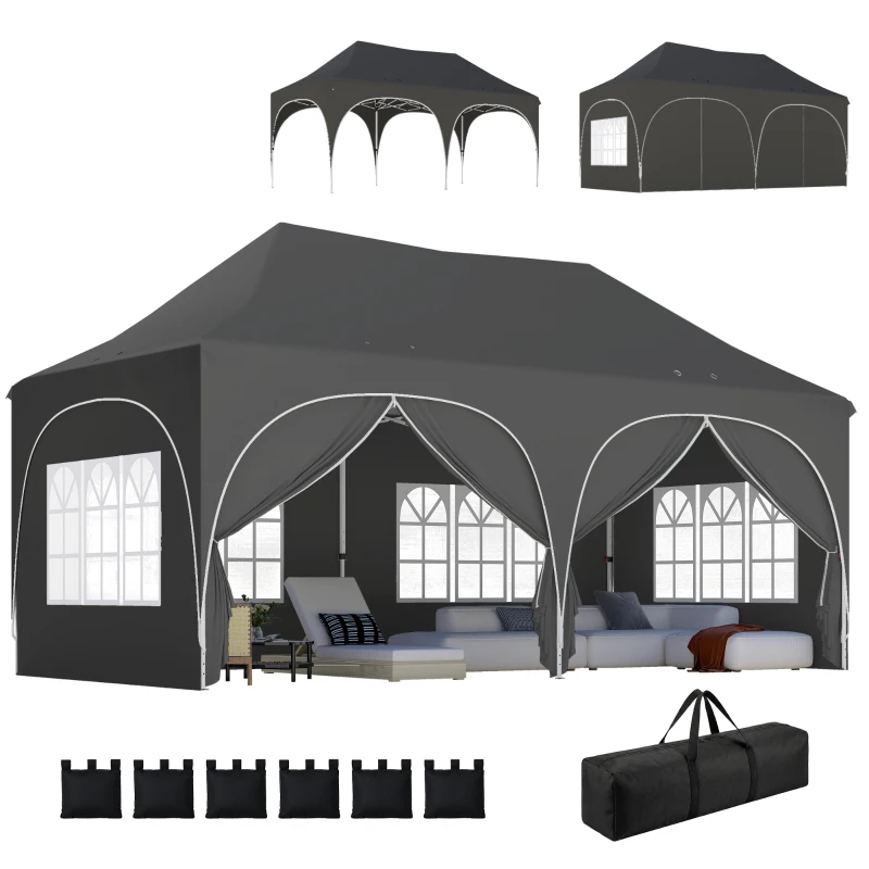 Outsunny Carpa Plegable 6x3 m Pop-up con 6 Laterales Desmontables Altura Ajustable y Bolsa de Transporte Gris Oscuro