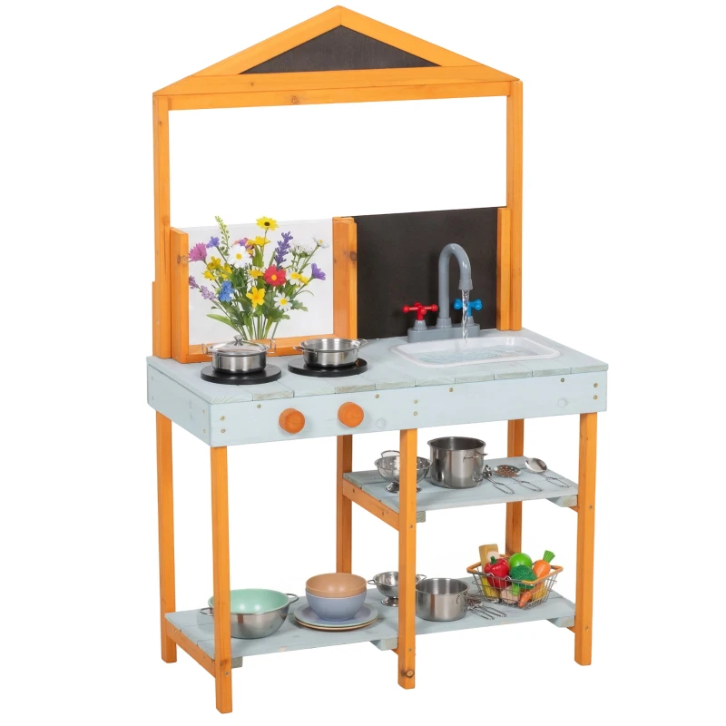 AIYAPLAY Matschküche Kinder Outdoor Spielküche Holz mit Herd Abnehmbarer Spüle Regalen für Kinder von 3-8 Jahren, Hellblau