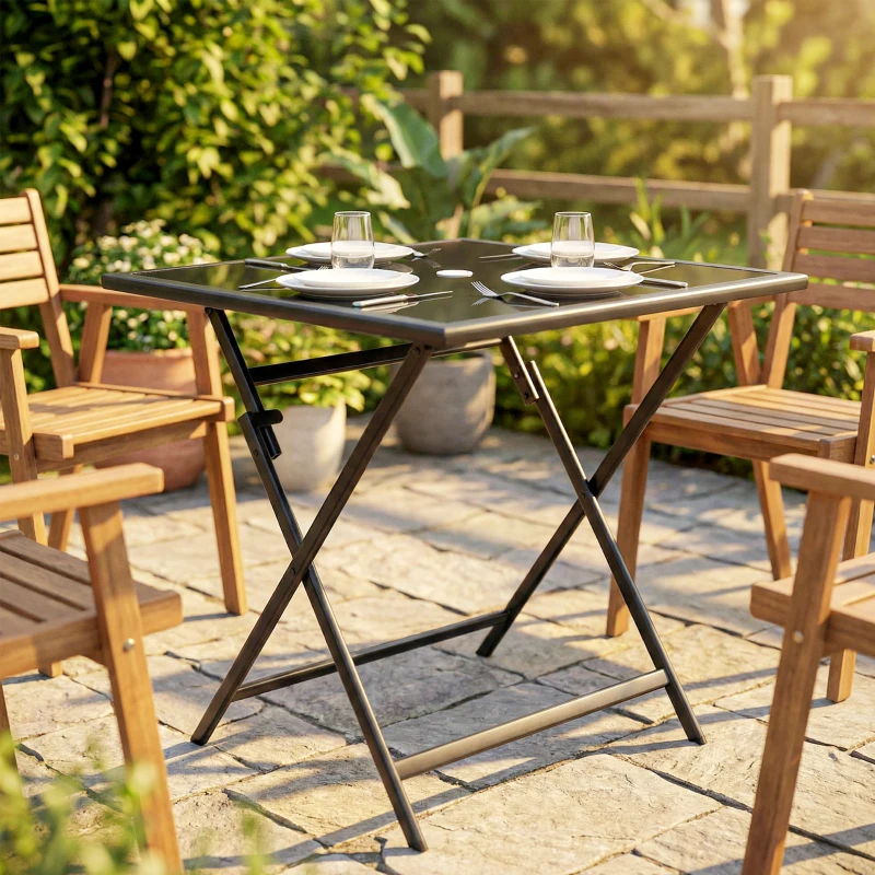 Outsunny Folding Outdoor Dining Table, Square Garden Table Tempered Glass Top with Parasol Hole Garden Patio, 70 x 70 x 70 cm