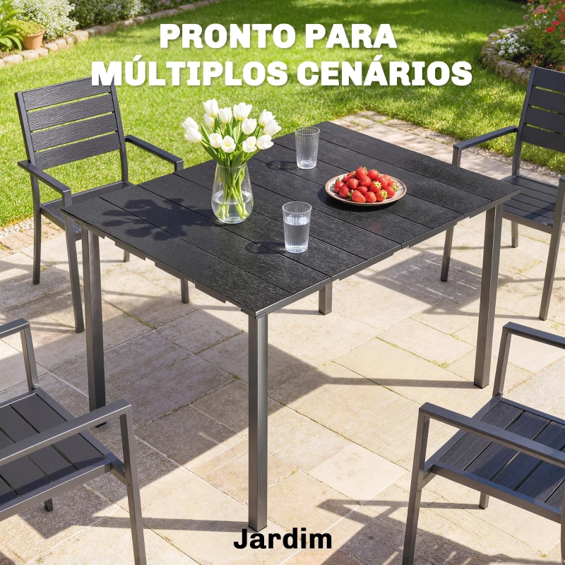 Outsunny Mesa de Jantar de Jardim para 6 Pessoas com Superfície de HDPE e Estrutura Metálica para Pátio 120x90x74 cm Preto