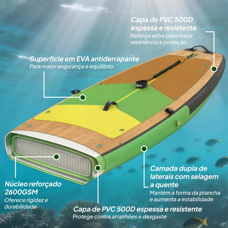 Outsunny Prancha Paddle Surf Insuflável SUP Extra Longa de 335 cm com Assento Remo Conversível Quilhas Bomba e Mochila Carga 180 kg
