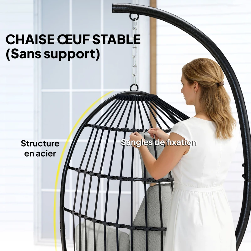 Outsunny Fauteuil suspendu, fauteuil œuf suspendu, panier pliable, coussins rembourrés, porte-gobelet, oreiller, gris foncé