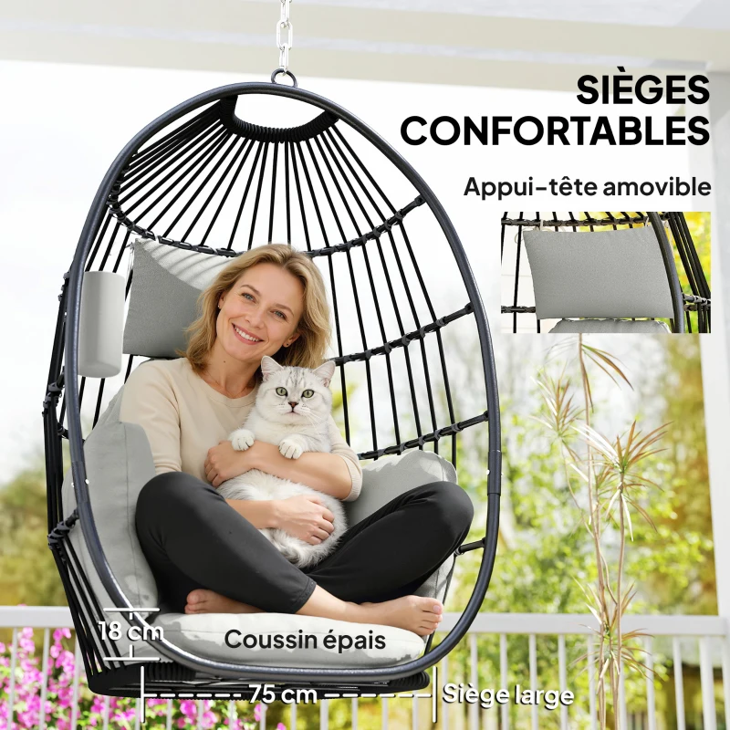 Outsunny Fauteuil suspendu, fauteuil œuf suspendu, panier pliable, coussins rembourrés, porte-gobelet, oreiller, gris foncé