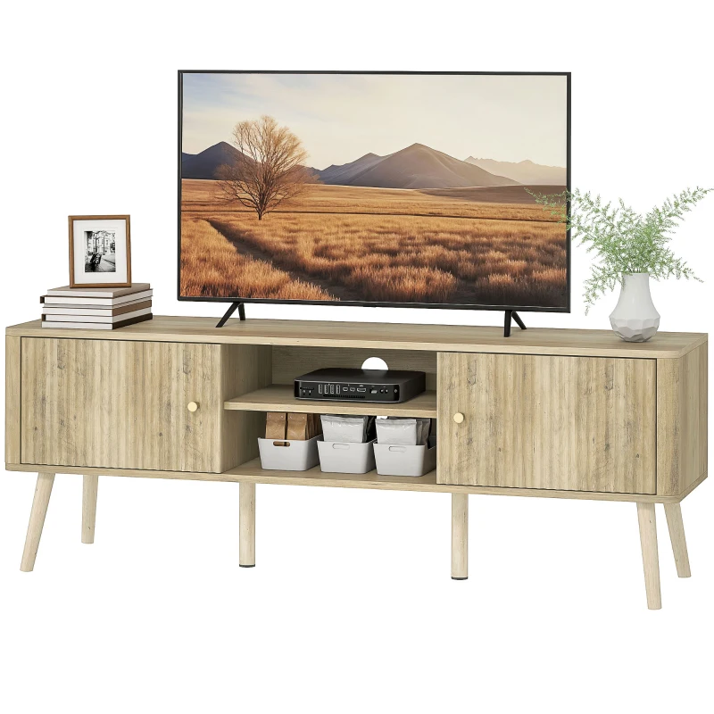 HOMCOM Comodă TV, mobilier pentru televizor până la 165,1 cm cu 2 uși, 2 compartimente deschise, poliță reglabilă, 140x35x49cm, stejar