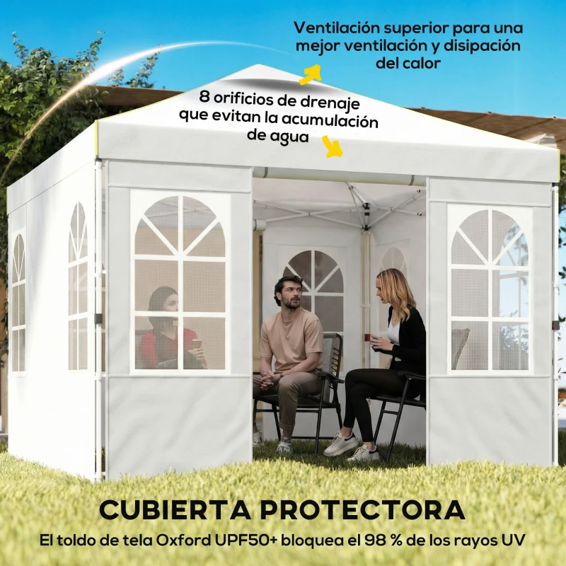 Outsunny Carpa Plegable 3x3 m Pop-up con UPF50+ 4 Laterales Desmontables Altura Ajustable y Bolsa de Transporte Blanco