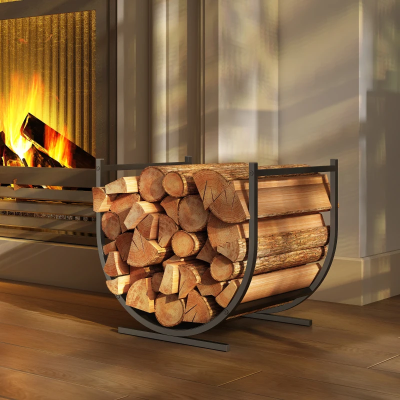 Outsunny Range-bûches porte buche de cheminée incurvé robust pour intérieur et extérieur, cadre en métal, 43 x 33 x 38 cm, noir