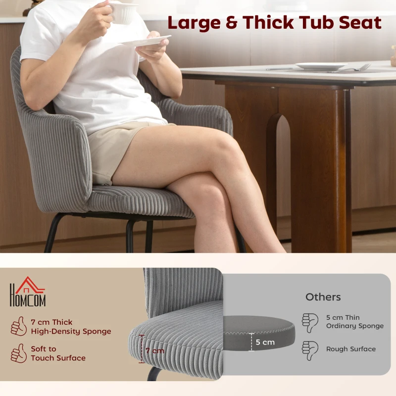 HOMCOM Krzesło do jadalni, pokrycie z sztruksu, kształt muszli, metalowe nogi, podkładki pod nogi, Szare