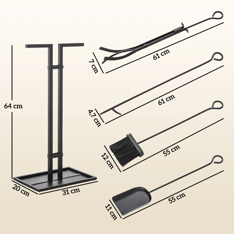 Outsunny Set servitor pentru șemineu 5 piese, unelte pentru șemineu, din metal, mătură, lopată, clește, tisonier și suport, negru