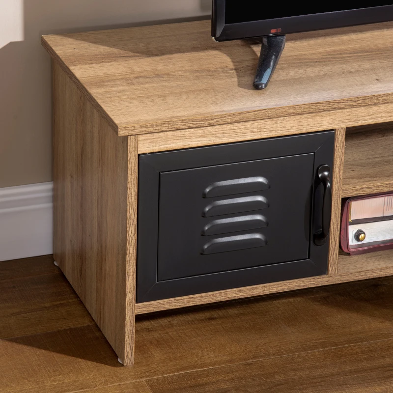HOMCOM Comodă TV 110 cm, Design Industrial, cu 2 dulapuri, 2 nișe, 2 orificii pentru cabluri, Aspect lemn cu vene, Uși metal negre