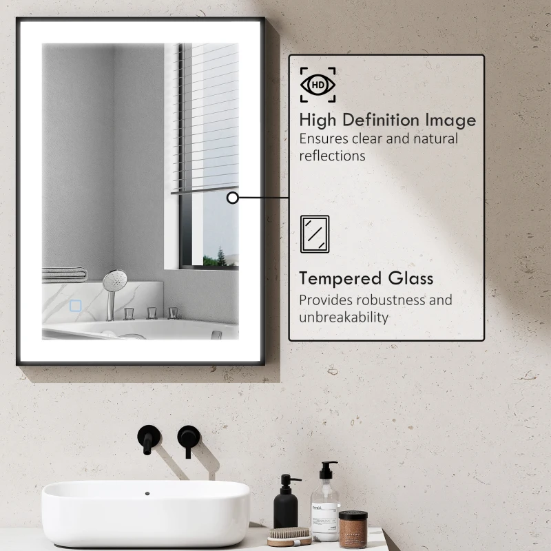 HOMCOM Oglindă de Baie Iluminată LED cu Culoare și Temperatură Reglabilă și Cadru din Aluminiu, 70x3x50 cm, Negru