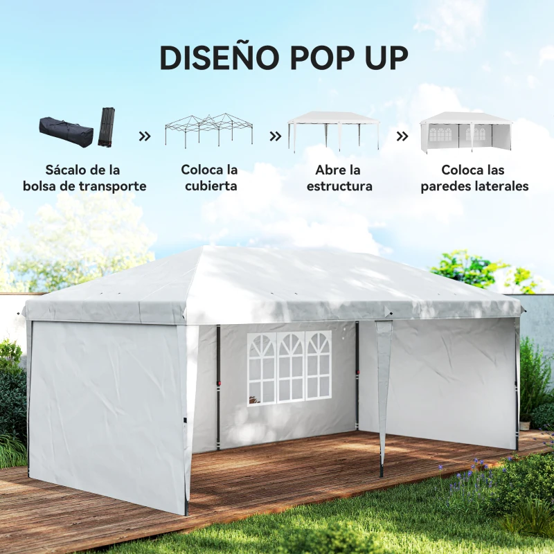 Outsunny Carpa Plegable 6x3 m Pop-up con 4 Laterales Desmontables Cenador de Jardín con 2 Ventanas y Bolsa de Transporte Blanco