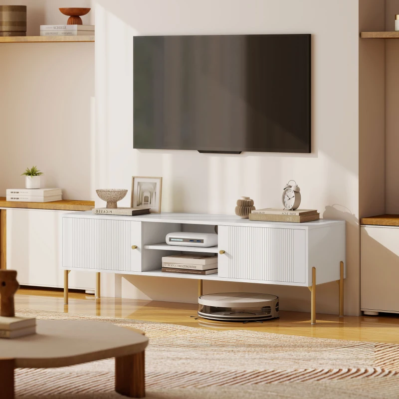 HOMCOM Comodă TV, mobilier TV pentru televizoare de până la 165,1 cm cu 2 uși, 2 compartimente deschise, picioare din oțel, 140x38x45,9cm, alb