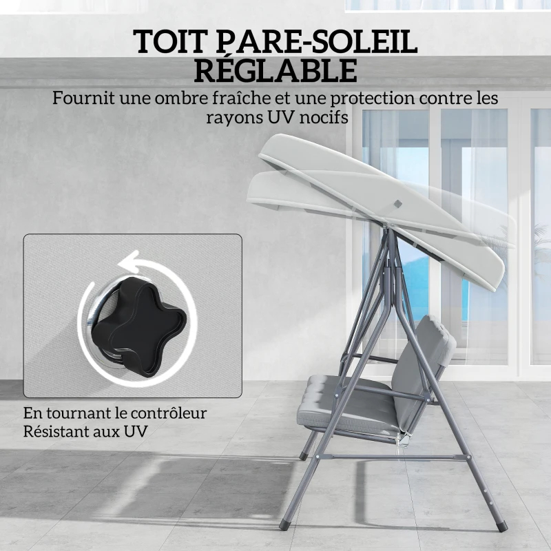 Outsunny Balancelle de Jardin 3 Places Grand Confort Toit Inclinaison réglable épais Coussins Amovibles Acier gris clair