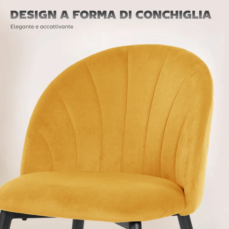 HOMCOM Set 2 Sedie da Pranzo Imbottite con Schienale a Conchiglia in Velluto, 52x55x79 cm, Giallo