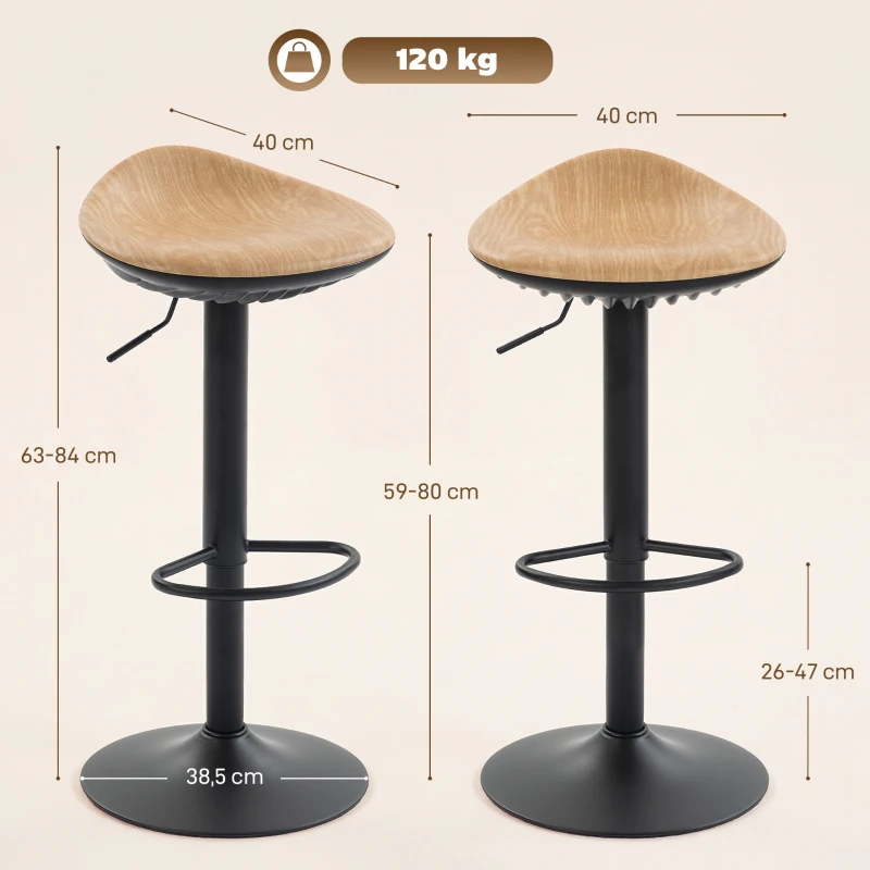 HOMCOM Pack de 2 taburetes de bar, taburetes de bar regulables en altura con reposapiés, giratorios 360°, base de acero, roble