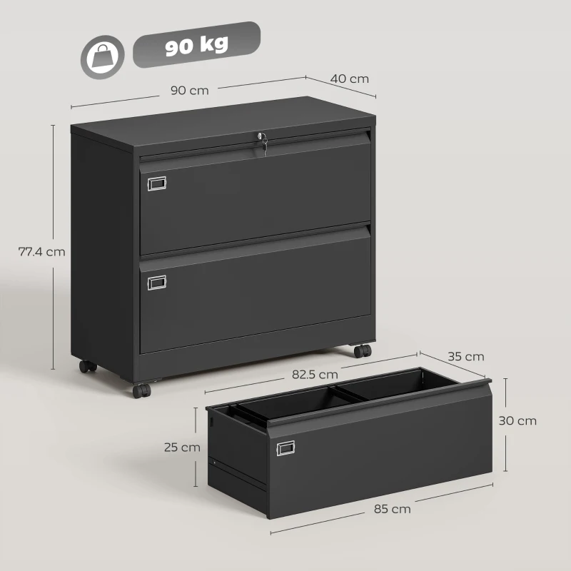 HOMCOM Cassettiera archivio con 2 cassetti e guide sospese, 90x40x77,4 cm, Nero