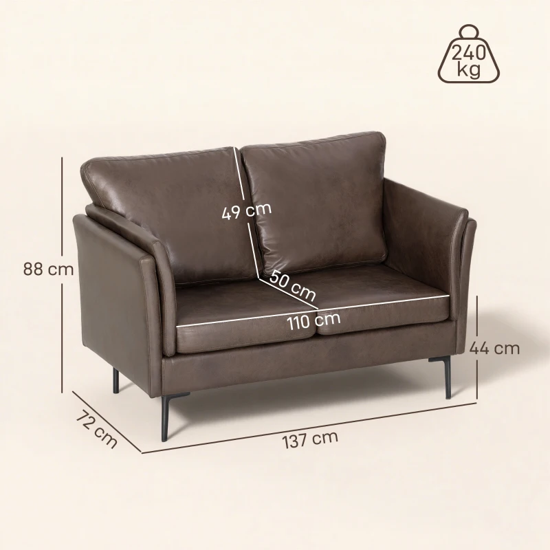 HOMCOM Canapea 2 Locuri în Piele Respirabilă cu Umplutură Groasă și Picioare în Metal, 137x72x88 cm, Maro Închis