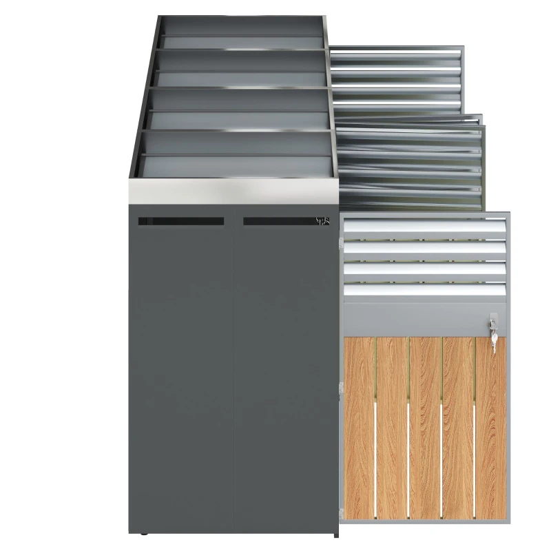 Mülltonnenbox mit integrierter Pflanzfläche, abschließbarer 4‑Fach‑Mülltonnenschrank, 264x80x124,5 cm, Grau+Naturfarbe