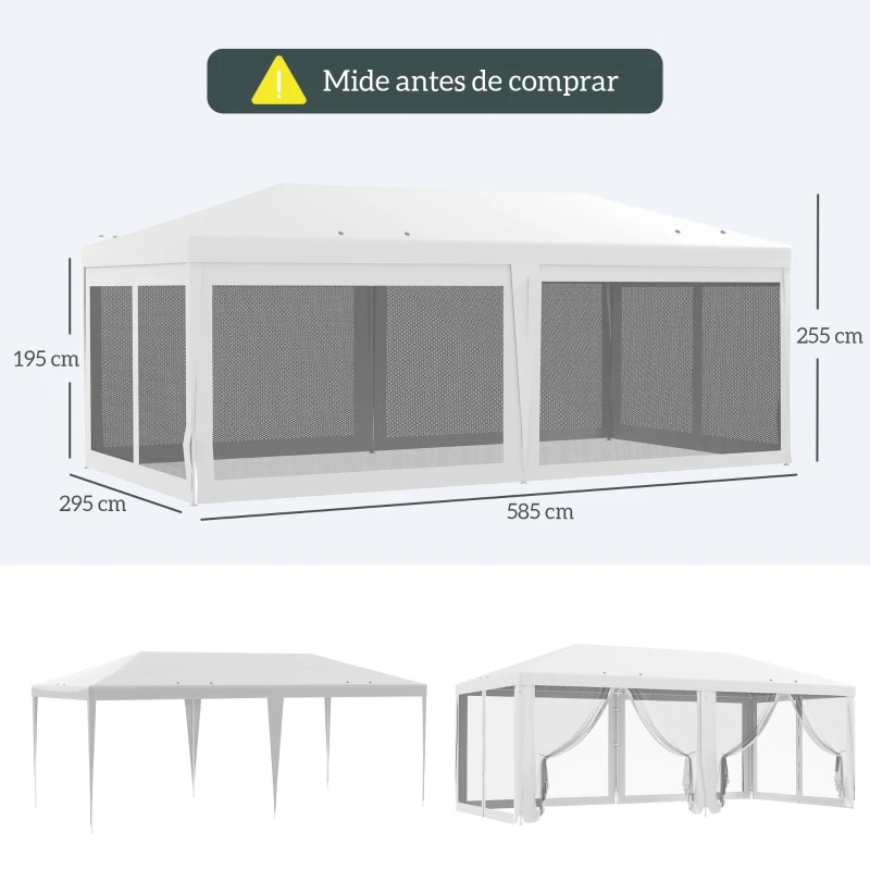 Outsunny Carpa de Jardín 6x3 m con 6 Mosquiteras Laterales 2 Puertas con Cremallera para Terraza Patio Blanco