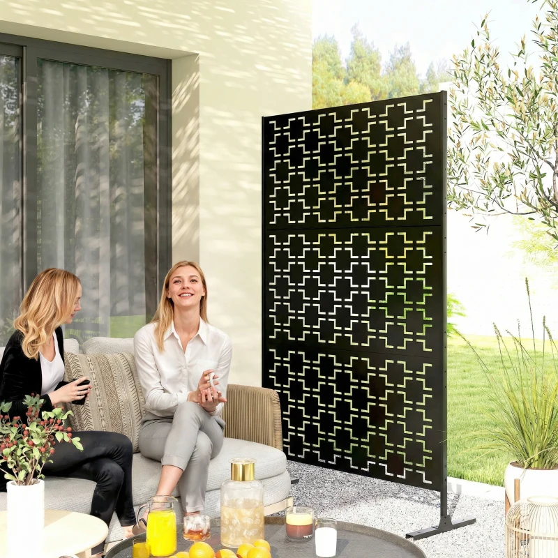 Outsunny Panou paravan decorativ de exterior cu model geometric decupat din metal - 122 x 45 x 198 cm, negru
