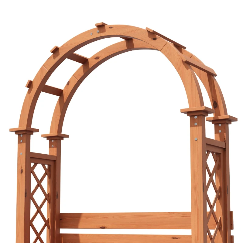 Banco-pérgola con maceteros y enrejado curvado, función triple: banco, macetero y soporte para trepadoras, 160x30,5x160 cm, Color natural