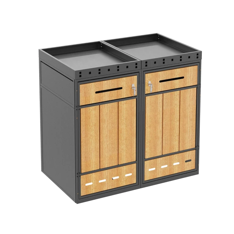 Doppel-Mülltonnenbox, 2‑fach Abfalltrennsystem, 132x80x124 cm, Grau+Naturfarbe