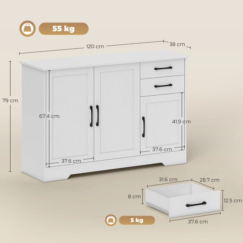 HOMCOM Bufet, mobilier de depozitare cu 3 uși, 2 sertare și raft reglabil, 120 x 38 x 79 cm, alb