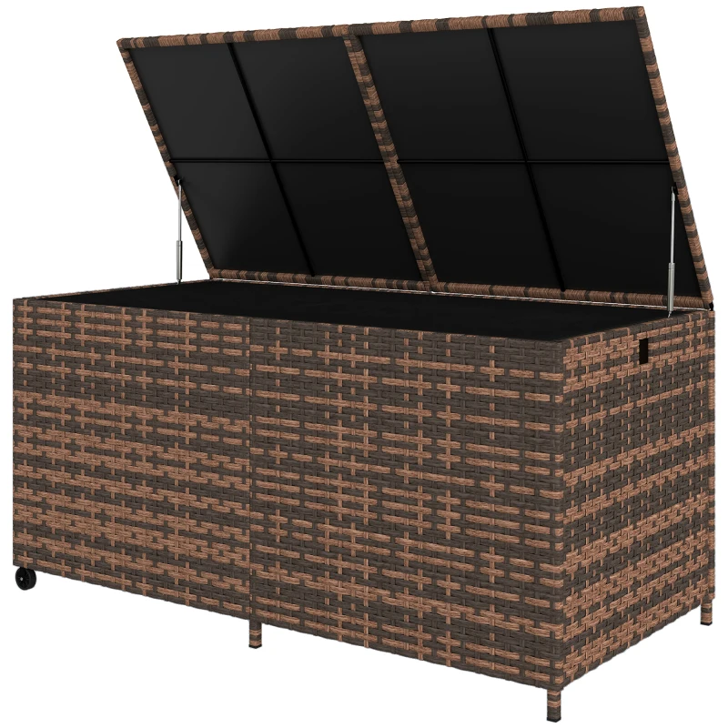 Outsunny 650L Garden Storage Box with 2 Wheels, Rattan Deck Box with Waterproof Zipped Liner, Safe Pneumatic Rods, Mixed Brown