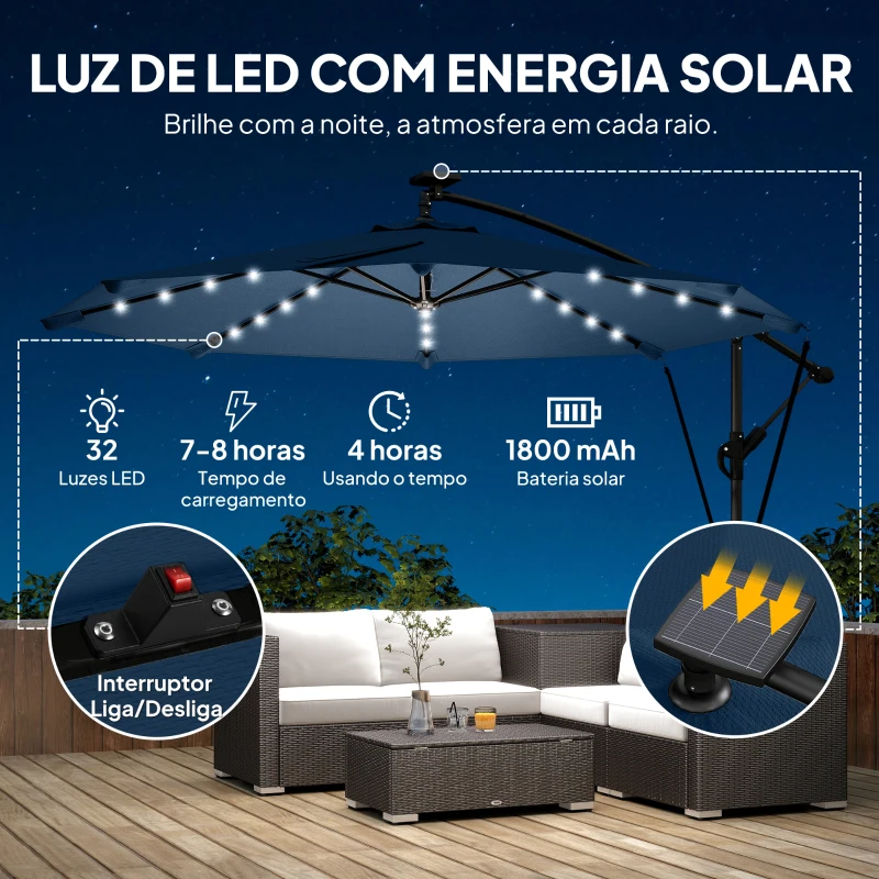 Outsunny Chapéu de Sol Excêntrico com Luzes LED Solares Ø345 cm Base Cruzada Manivela Capa Protetora Azul