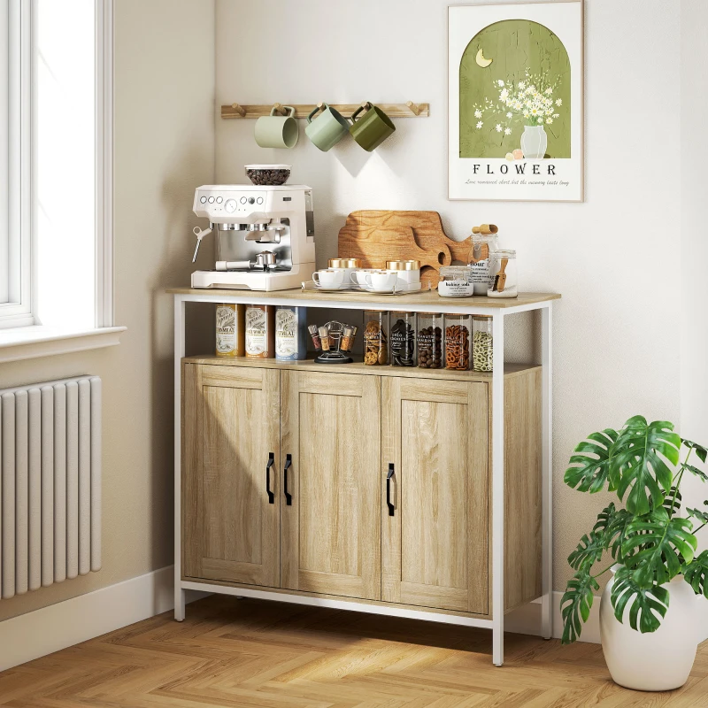 HOMCOM Bufet, corp de depozitare cu 3 uși, compartiment deschis și 4 rafturi reglabile, 100 x 35 x 88 cm, lemn natural