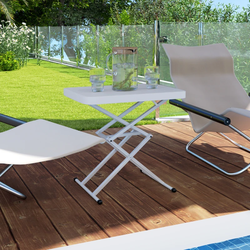 Outsunny Table d'appoint de jardin pliable en HDPE, table pliante extérieur hauteur réglable sur 5 niveaux, 65 x 45 x 70 cm blanc