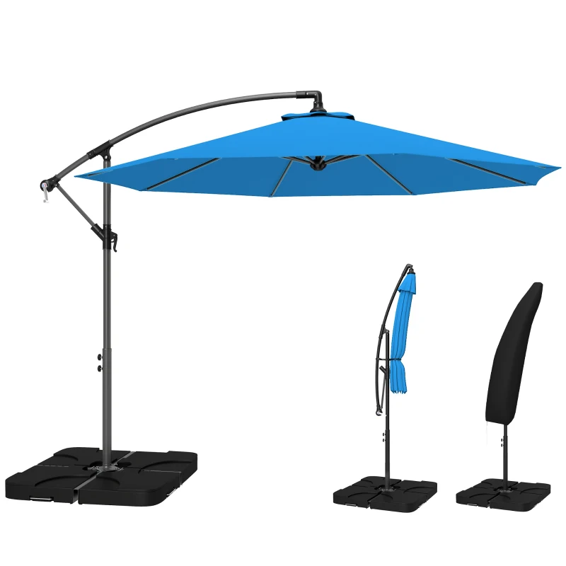 Outsunny 3m Overhanging Parasol, with Base, Weights and Cover - Blue