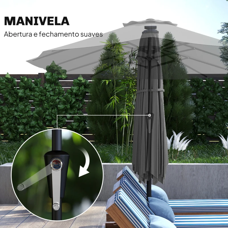 Outsunny Chapéu de Sol Duplo com 36 Luzes LED Solares 4x2 m Manivela UPF50+ Chapéu de Sol para Jardim Cinza Escuro
