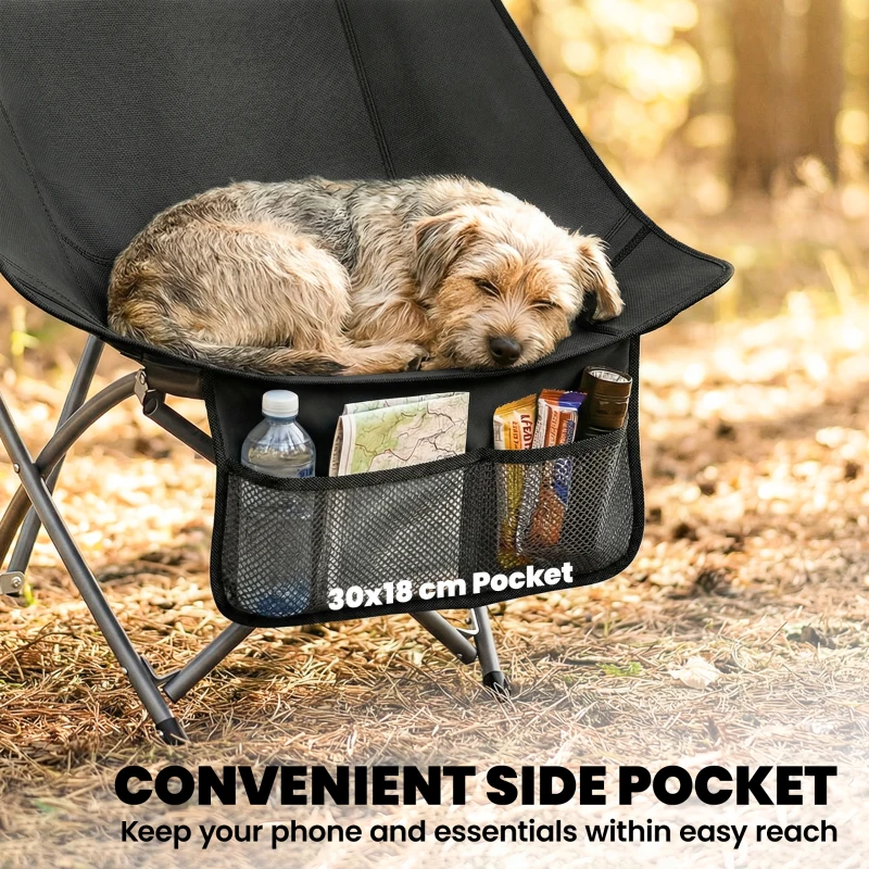 Outsunny Camping Chair for Adults Heavy Duty Folding Camp Chair with Side Pocket and Carry Bag Black