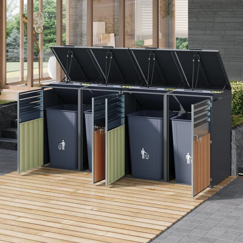 Mülltonnenbox mit hydraulischem Klappdeckel, 4-türiges Aufbewahrungsmodul, Lüftungslamellen, 264x80x118,5 cm, Grau+Naturfarbe