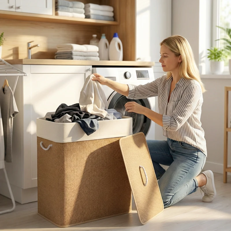 HOMCOM Panier à linge double avec couvercle, panier à linge en bambou 100 L avec poignées en corde