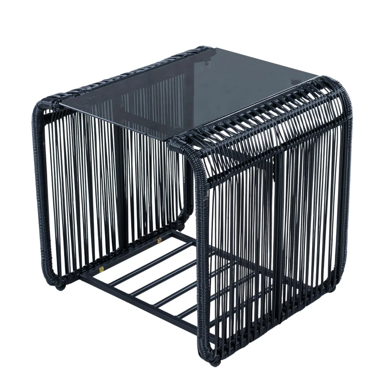 5-teiliges Outdoor Gartenmöbel-Set, Balkon-Loungeset mit 2 Stühlen, 2 Hockern und Glastisch, Schwarz+Grau