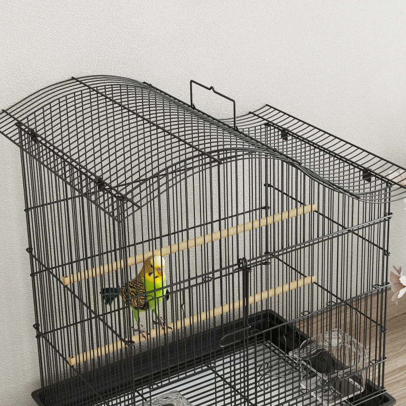 PawHut Cușcă pentru Păsări cu 4 Accesuri, 2 Boluri, 2 Stinghii și Tavă Detașabilă, Volieră din Metal și Plastic, 47,5x36x54,5 cm, Negru