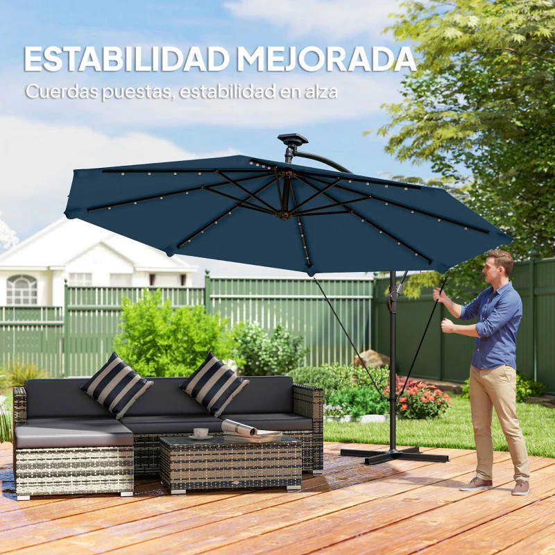 Outsunny Parasol Excéntrico con Luces LED Solares Ø345 cm Sombrilla Jardín de Aluminio con Base Cruzada Manivela Funda Azul