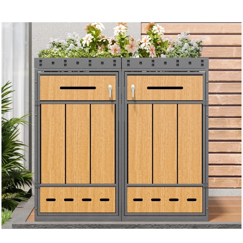 Doppel-Mülltonnenbox, 2‑fach Abfalltrennsystem, 132x80x124 cm, Grau+Naturfarbe